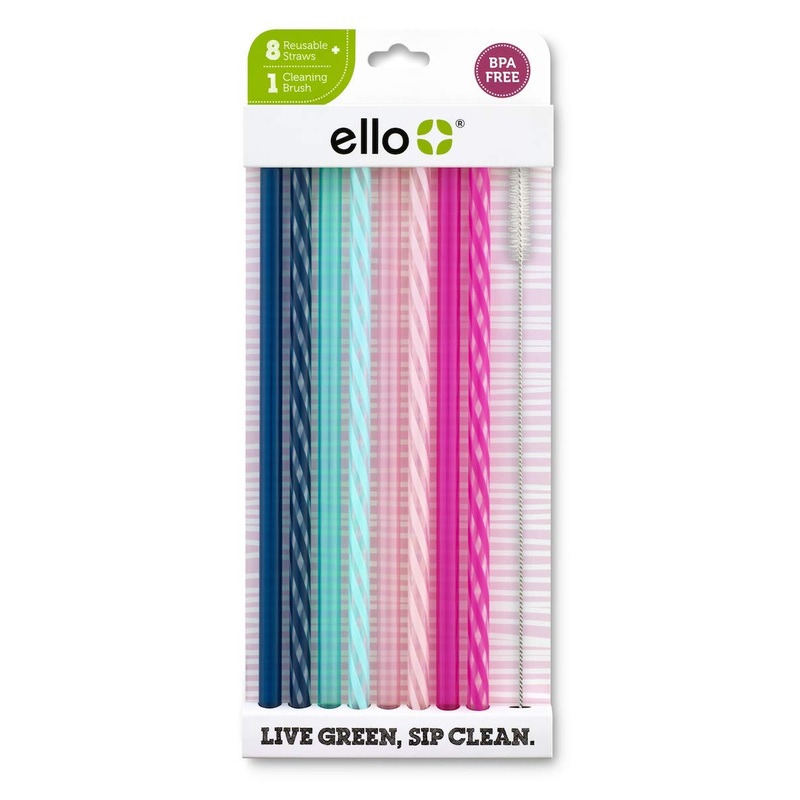 Ello Impact BPA-Free Plastic Reusable Straws with Cleaning Brush, 8 Piece Multi-Pack, Rosewater