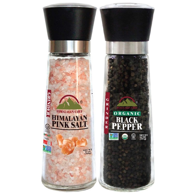 Himalayan Chef Pink Salt and Pepper Grinder Set of 2 – Adjustable Ceramic Himalayan Salt Grinder & Pepper Grinder – Tall Glass Salt and Pepper Shakers – Pepper Mill & Salt Mill, Large (5351AX2) Tall Grinder Set