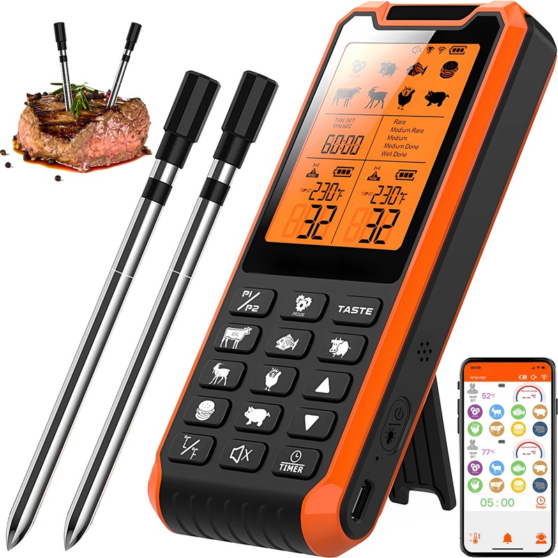 Meat thermometer wireless with timer and alarm function 210m Bluetooth signal removal 2 pieces of grill thermometer Meat thermometer IP67 waterproof frying thermometer digital