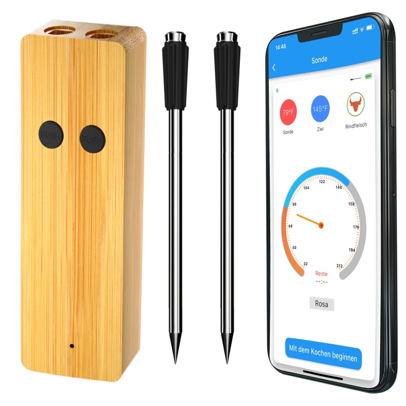 Meat thermometer wirelessly grill thermometer with two thinner probes App Bluetooth 100m Meat thermometer roast thermometer for oven grill Smoker rotisserie for the best dad JX268