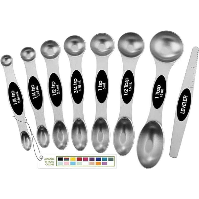 Spring Chef Magnetic Measuring Spoons Set with Strong N45 Magnets, Heavy Duty Stainless Steel Metal, Fits in Most Kitchen Spice Jars for Baking & Cooking, BPA Free, Black, Set of 8 with Leveler