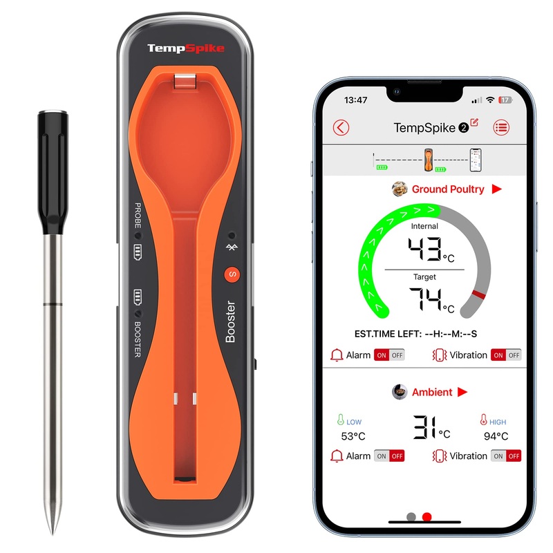 ThermoPro Temppike Meat Hermometer Wireless 150m Bluetooth grill thermometer IP67 MEAT thermometer roast thermometer for oven grill Smoker rotisserie Airfry safe in the dishwasher orange-150m