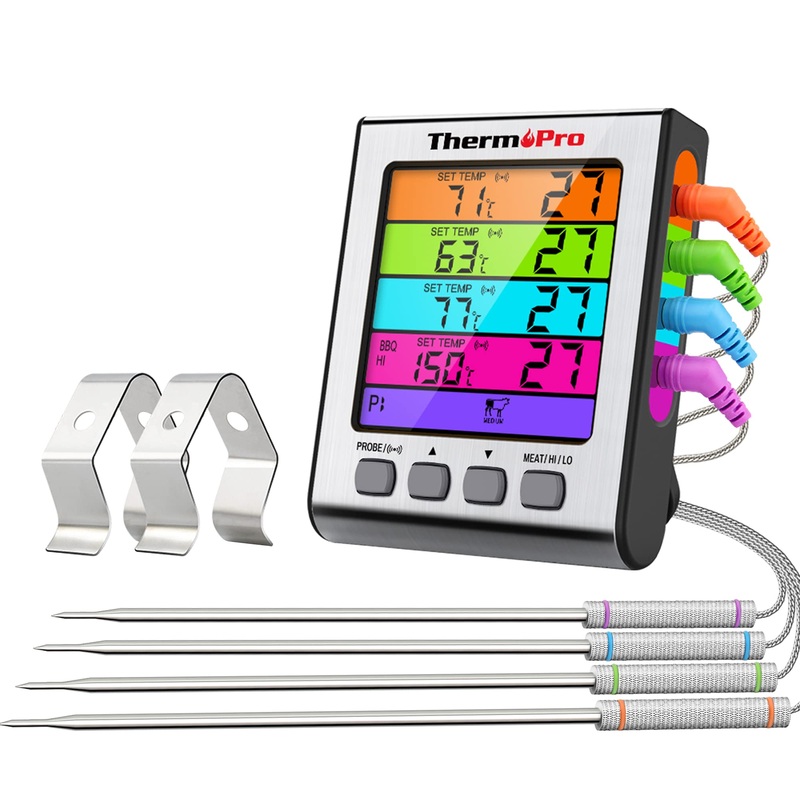 ThermoPro TP17H Digital grill thermometer roast thermometer meat thermometer Monesthermometer with 4 stainless steel probes blue rear lighting temperature range up to 300 C 4 probes
