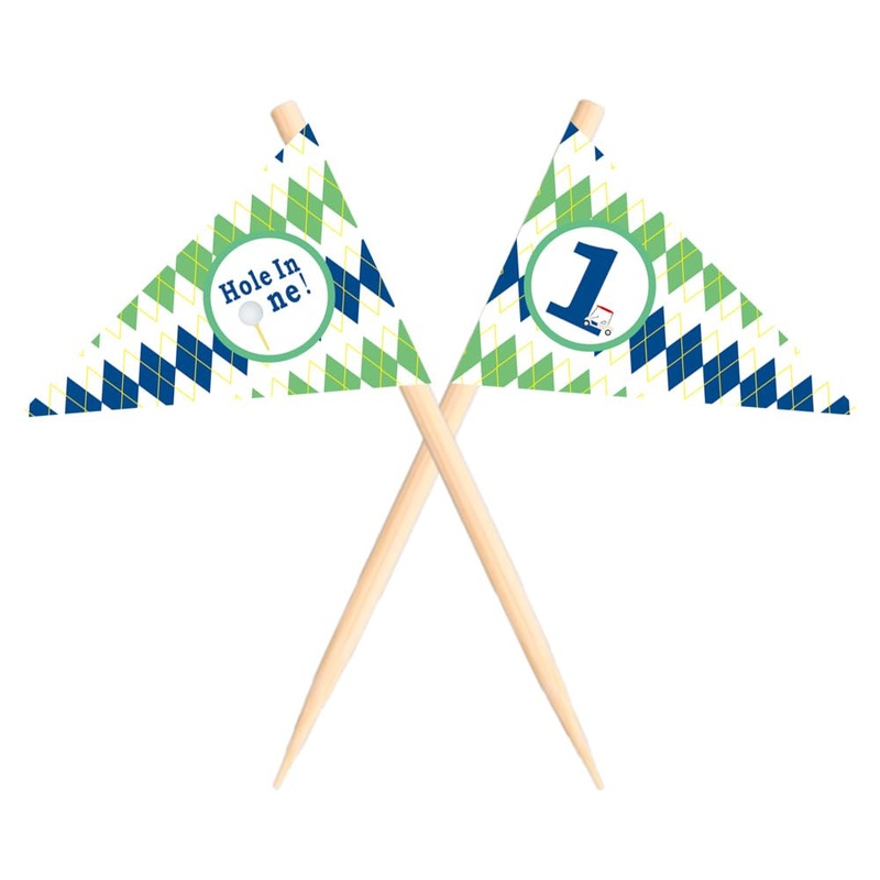 VOWFOO Golf Themed Toothpick Flags 20 PCS Hole In One 1st Birthday Golf Cocktail Picks Mini Stick Cupcake Toppers Flags for Baby 1st Birthday Party Food Bar Decorations (Plaid Pattern Hole In 1)