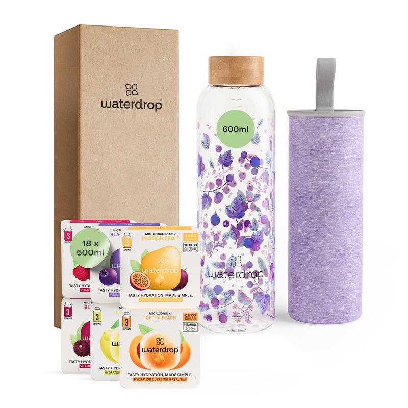 Waterdrop Gift Set 600 ml Glass Bottle Leak-Proof and Compatible with Sparkling Water 18 Sugar Free Drinking Cubes Chris