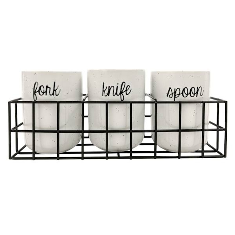 4-Piece Flatware Caddy Set White Cylinder Holder Black Metal Rack
