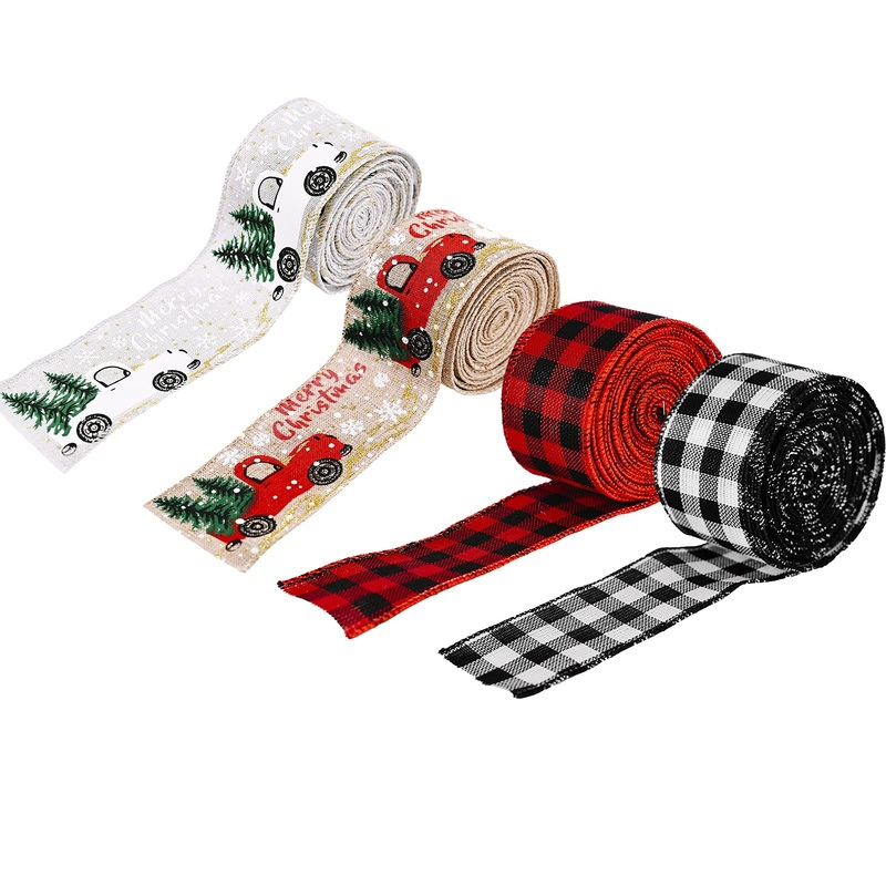 Christmas Ribbon Burlap Ribbon Buffalo Plaid Ribbon Ribbon Wired Wrapping Ribbon for Xmas Gift Tree Gift Wreath Decoration Home Decoration Gift Packaging DIY Crafts (4 ROLLS)