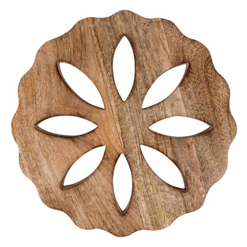 Flower Design Scalloped Wood Trivet, 9″