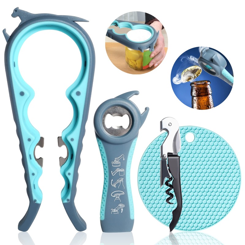 Glass opener gripper bottle opener kit 5in1 and 4in1 multifunction glass opener easy to use for children older people and arthritis affected silicone hand gripper aid blue