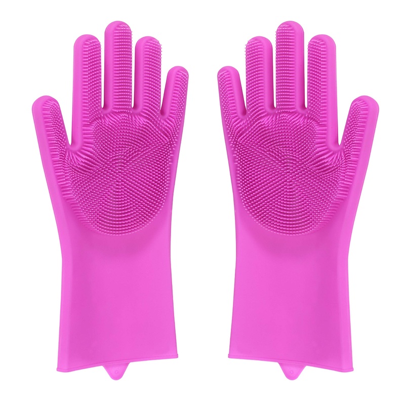 Home Beyond 2-Pack Magic Silicone Household Cleaning Gloves with Rubber Sponge Scrubber Reusable Dishwashing Kitchen Gloves Dark Pink