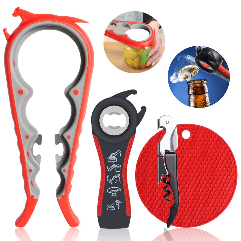 Jar Opener Gripper Rubber Jar Opener for Weak Hands 6-in-1 5-in-1 Jar Bottle Opener for Seniors Red