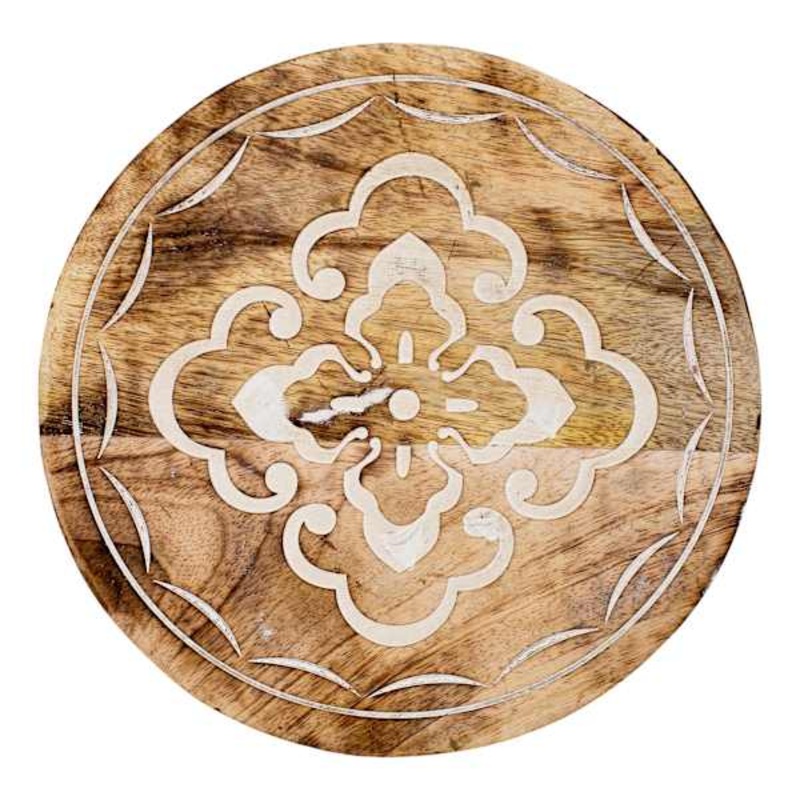 Medallion Etched Wood Trivet with Scalloped Edge, 8″
