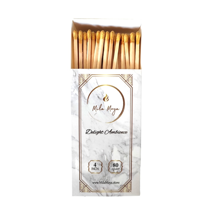 Mila Moya Decorative Wooden Matches 4in/10cm | 80 Count | Strike On The Box (Gold)
