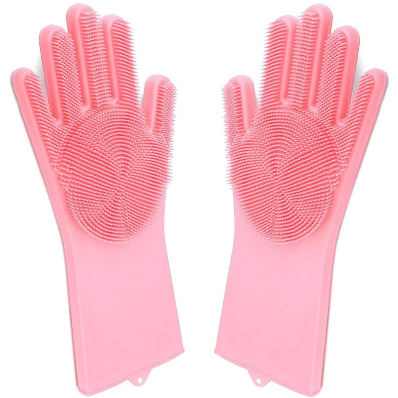 Taylor & Brown Pair of Magic Dishwashing Cleaning Sponge Gloves Reusable Silicone Brush Scrubber Heat Resistant for Kitchen Bathroom Cleaning Pet Hair Care Car Washing (Pink)