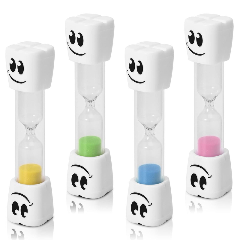 Teacherfav 2-minute toothbrush sandwatch for children set with 4 small blue yellow green and pink smiley hourly glasses toothbrush-Set of 4