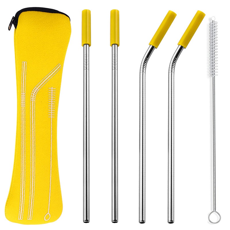 TMXAOK 5 Pieces Reusable Stainless Steel Drinking Straws with Zippered Bag 2 Straight Straws 2 Bent Straws 1 Cleaning Brush and 4 Silicone Tips for Smoothies Milkshakes Jumbo Drinks Yellow