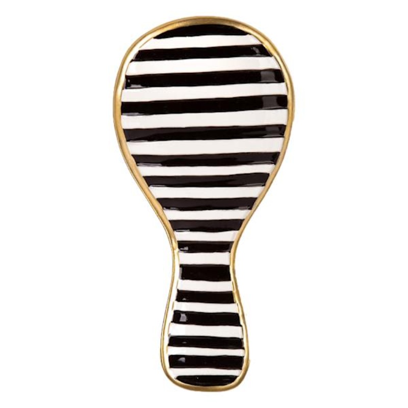 Black & White Striped Spoon Rest with Gold Rim, 10″