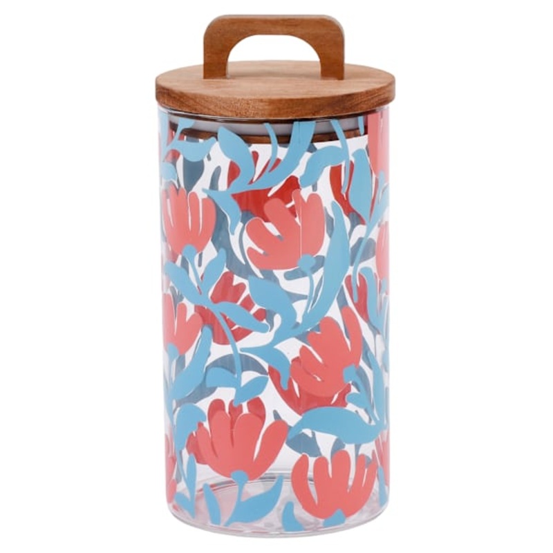 Blue Floral Print Glass Canister with Acacia Lid, 34oz