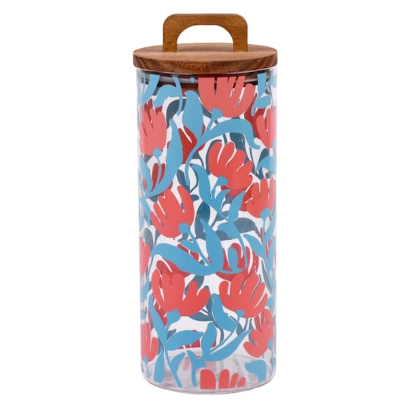 Blue Floral Print Glass Canister with Acacia Lid, 45oz