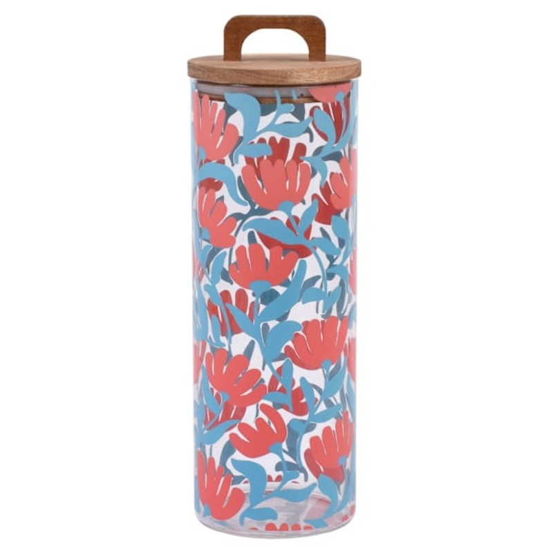 Blue Floral Print Glass Canister with Acacia Lid, 62oz