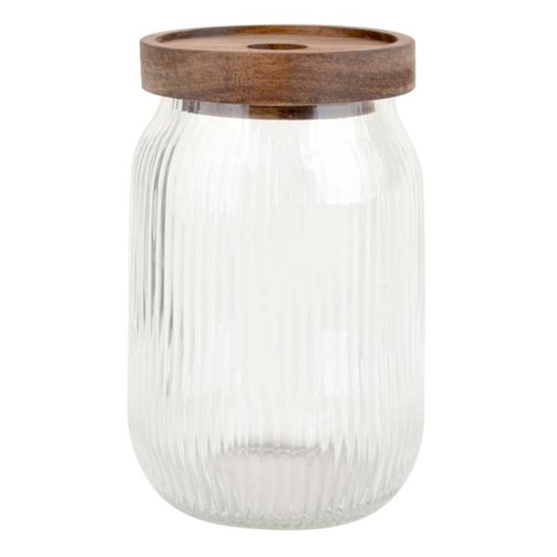 Clear Ribbed Glass Canister with Wooden Lid, 24oz