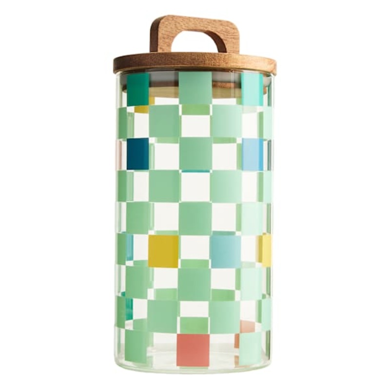 Green Check Print Glass Canister with Acacia Lid, 34oz