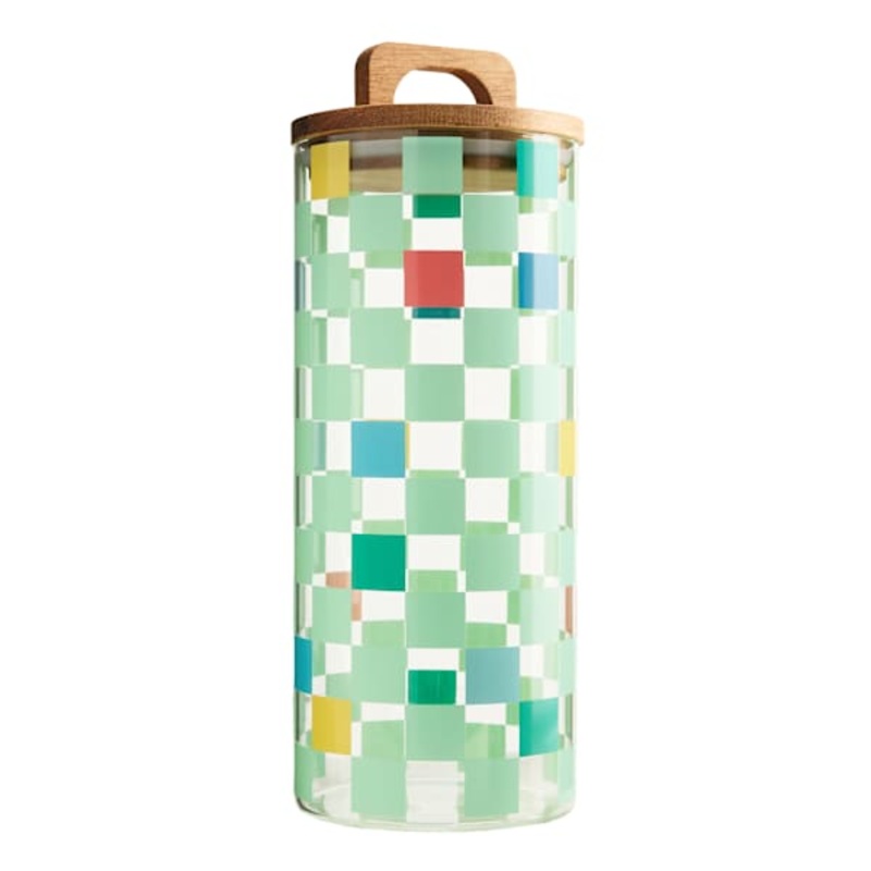 Green Check Print Glass Canister with Acacia Lid, 45oz
