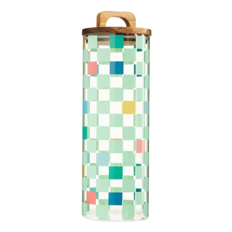 Green Check Print Glass Canister with Acacia Lid, 62oz