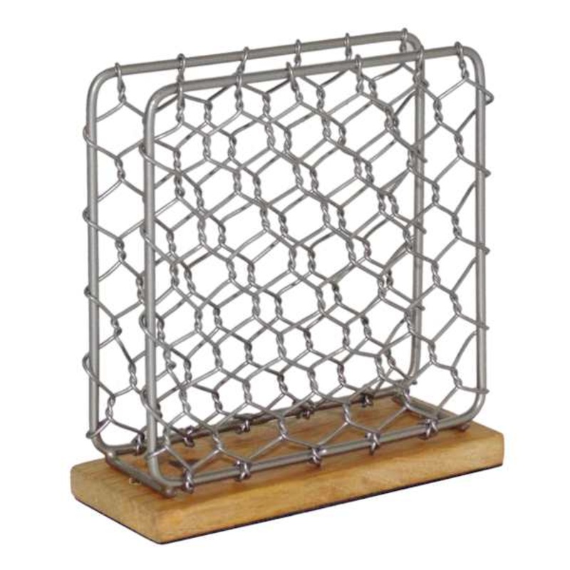 Iron Chicken Wire Napkin Holder with Mango Wood Base