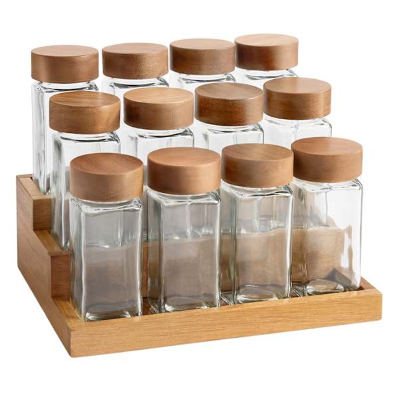 Set of 12 Spice Jars with Tiered Acacia Wood Tiered Rack