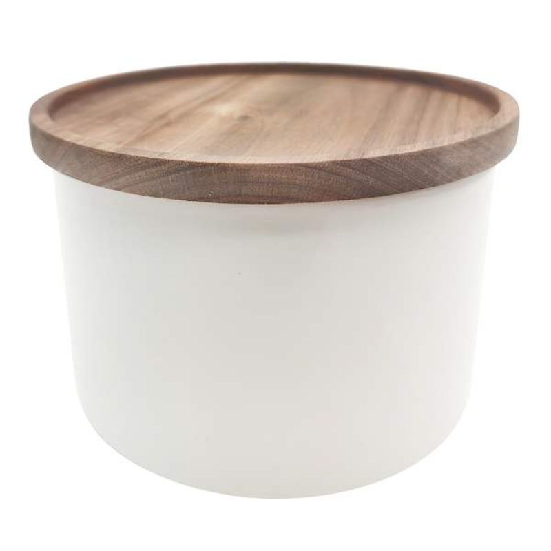 Stackable White Ceramic Canister with Acacia Wood Lid, 3.2cup