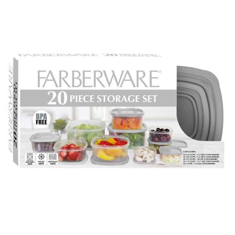 20-Piece Square Food Storage Set with Light Grey Lids