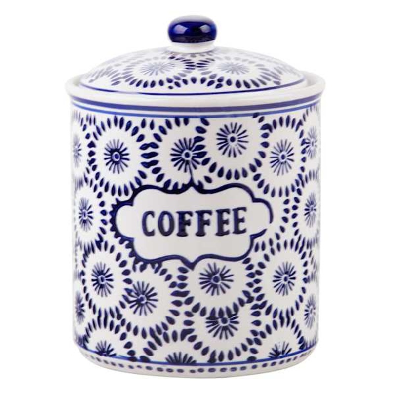 Blue & White Patterned Coffee Canister, 7.5″