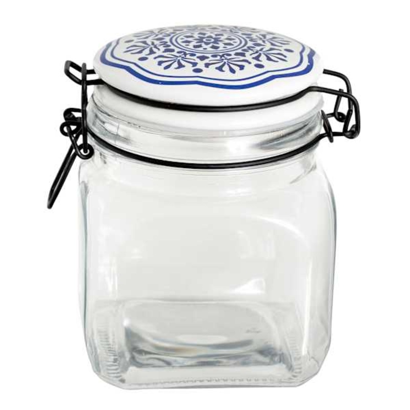 Blue & White Tile Top Canister, Medium