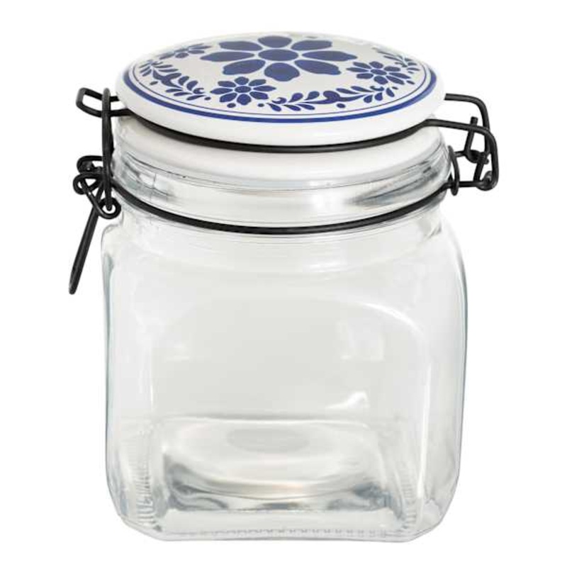 Blue & White Tile Top Canister, Small