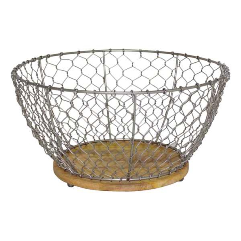 Iron Chicken Wire Basket with Mango Wood Base, Large