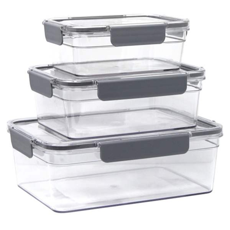 Set of 3 Rectangle Airtight Food Storage Containers, Charcoal
