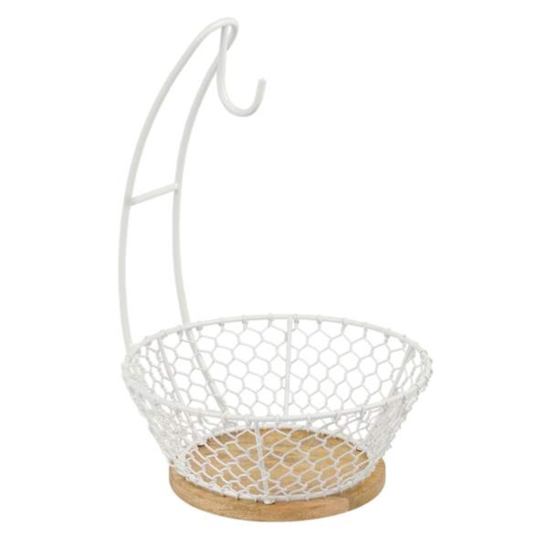 White Iron Chicken Wire Weave & Mango Wood Banana Holder & Fruit Basket