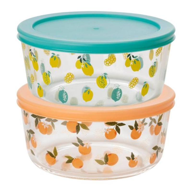 2Pc 4Cup Round Assorted Prints Glass Food Storage
