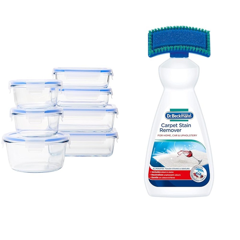 Amazon Basics Airtight Glass Food Storage Container Set with BPA-Free & Locking Plastic Lids & Dr. Beckmann Carpet Stain Remover | Removes New and Dried-in Stains | Includes Applicator Brush 7 + Carpet Stain Remover 650ml