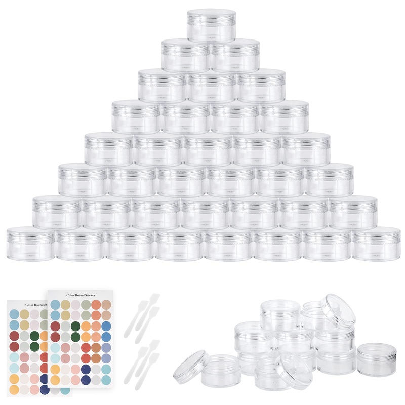 Flintronic Plastic Cosmetic Jar*64 Transparent & Visible Sample Container Jar Screw Cap Bottle with Sticker & Small Spoon Suitable for Cosmetic/cream/gel/paste/beads/mineral Items(Transparent) 64pcs Transparent