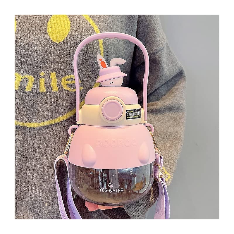 Hacodan large capacity 1000 ml Kawaii straw bottle with straps cute cartoon water bottles with stickers for women (purple) violet