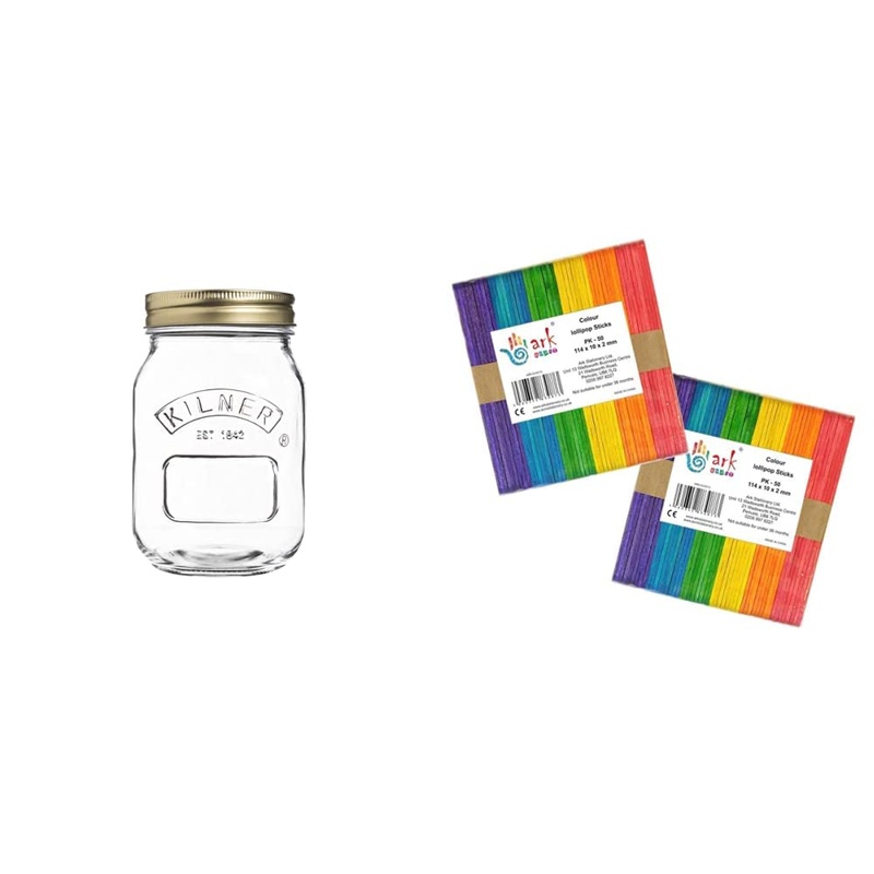 Kilner Round Glass Screw Top Lid Preservation Storage Jar 0.5 L & 2 x 50 Lollipop Craft Sticks (Natural or Colored) (Coloured) 0.5 Litre + Lollipop Craft Sticks