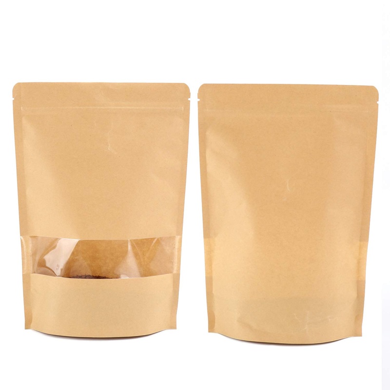 Pack of 100 Zip Lock Stand Up Kraft Paper Food Storage Bags Pouch with Window Tear Notch for Food Saver Paper Party Gift Favor Wrap for Candy Coffee Beans Nuts Cookies Dog Food 7.87 x 4.7 inch