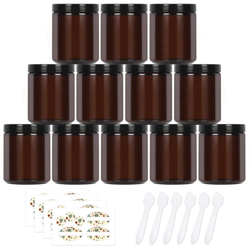 SHiZAK 240ml 8 oz Amber Round Glass Jars with Black Lids Great Perfect for Cosmetics and Face Cream Lotion and Personal Care Products and more (Pack of 12)