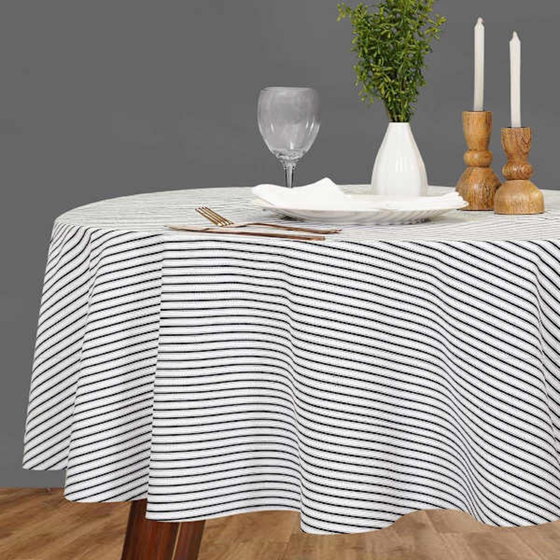 Black & White Striped Print Round Tablecloth, 70″
