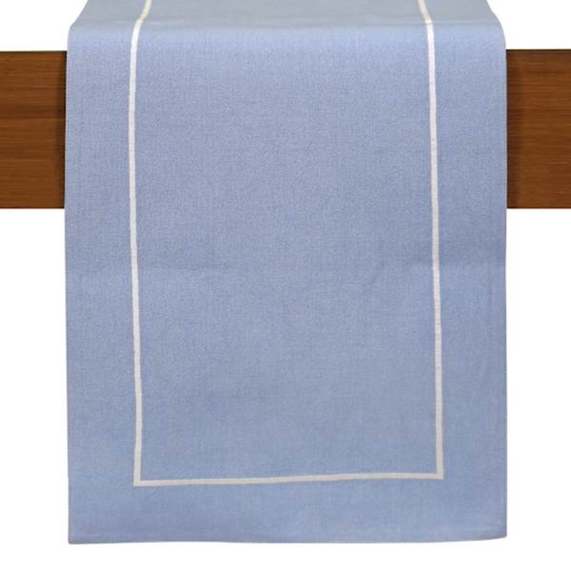 Blue Chambray Table Runner with White Embroidered Border, 72×13