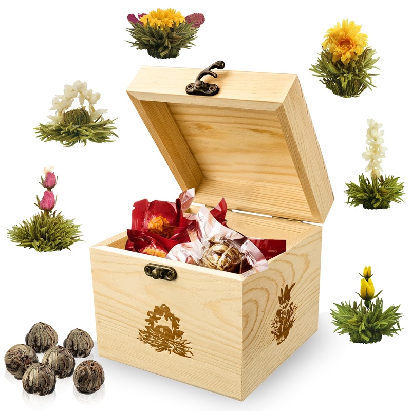 Creano Erbl hTee wooden decoration box tea flower mix gift set with 6 tea roses white tea in a noble tea box