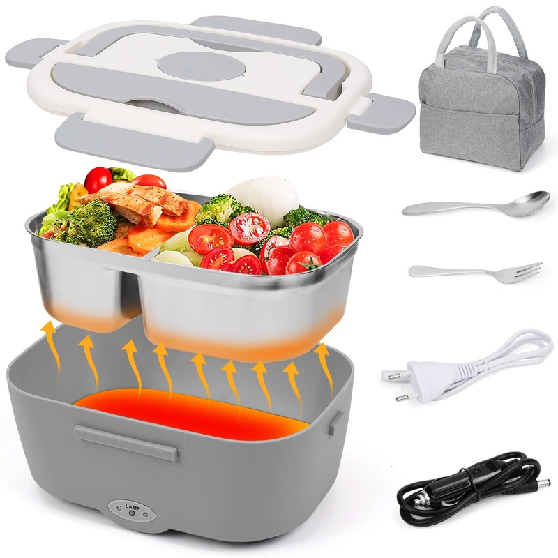 Glovios electrical lunch box 1.5l food warmer Auto 3 in 1 (12V/24V/220V) lunch box electrical lunch box insulated heat box portable bento heating lunch box with isolated bag & fork spoon (gray)