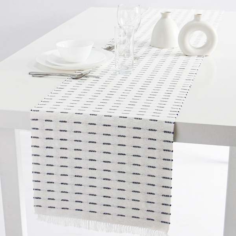 Ivory Reversible Ribbed Table Runner with Navy Blue Stripe Design, 14×72